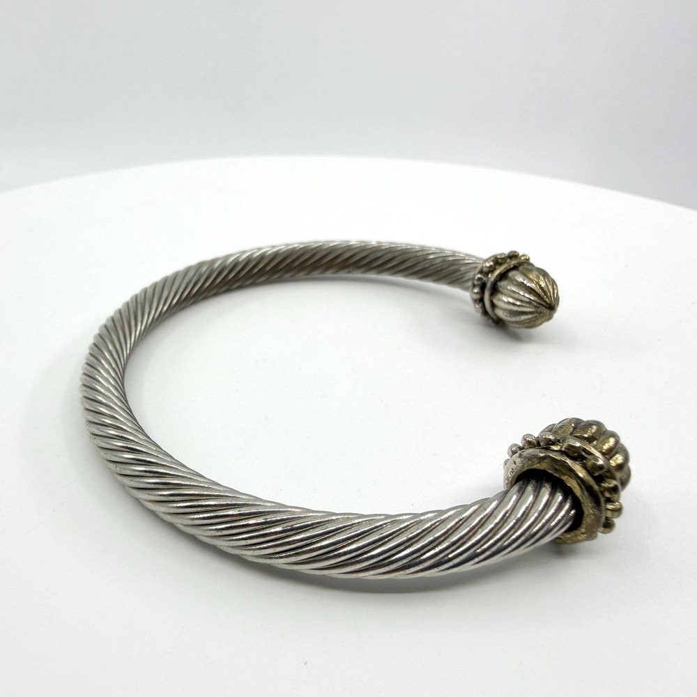 Silver Tone Twisted Cable Cuff Bracelet with Ornate End Caps